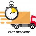 Shipping fast delivery truck with clock. Online delivery service. Express delivery, quick move. Fast shipping truck for apps and websites. Line cargo van moving fast. Chronometer, fast service 24/7